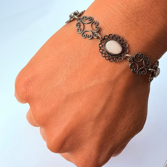 BEAU 3 TCW Opal Cabochon Filigree Scroll Link Sterling Silver 925 VTG Bracelet - Picture 6 of 9
